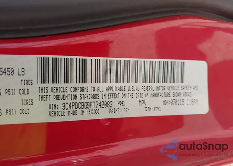 2015 Dodge Journey Sxt из США, поврежденный, VIN 3C4PDCBG9FT742083